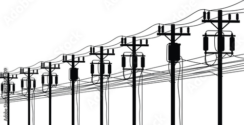 Black and white power line illustration with utility poles, transformers, electric cables, industrial energy infrastructure, minimalist vector background design