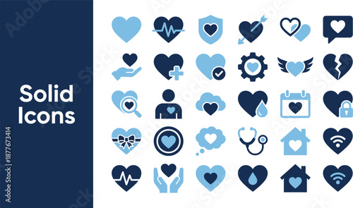 Solid Heart Vector Icons Set - Blue Love, Medical Health, Cardiology, and Favorite Symbols Pack
