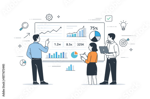 Data Dashboard Review. Business analytics overview. Professionals reviewing charts and KPIs on a large digital dashboard. Calm focus and data-driven thinking,