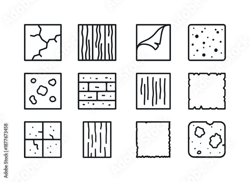 Worn Texture Icons. Worn textures. Line icon set of Worn textures: cracked wall, weathered wood, peeling surface, rough concrete, rust spots, brick erosion,