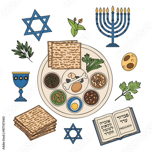 A Jewish holiday-themed plate with food and symbols