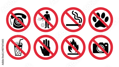 Prohibited Icons Set featuring no cell phone no litter and no pets safety symbols