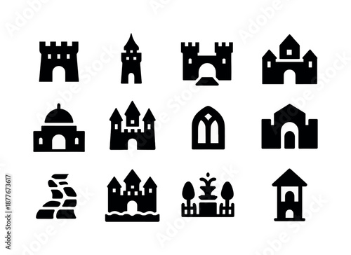 Castle Icons Collection. Castles and palaces. Solid icon set of castles and palaces: fortress wall, royal tower, drawbridge, palace gate, domed roof, turrets,