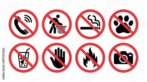 Prohibited Icons Vector Set Featuring No Cell Phone, No Litter, No Smoking, No Pets, No Eating or Drinking, Do Not Touch, No Fire, and No Photography Symbols for Safety and Public Spaces