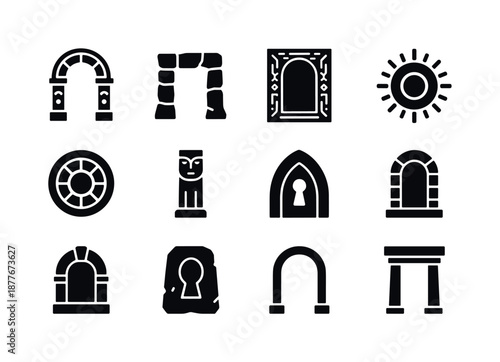 Ancient Portal Icons. Ancient portals. Solid icon set of Ancient portals: carved arch, stone gate, engraved frame, sun circle, old symbol, guardian pillar,