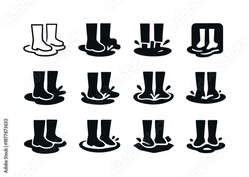 Puddle Splash Icons. Splashing in puddles. Icon set. Set Logo of splashing in puddles: flowing puddle edge. harmonious logo variations of the same emblematic