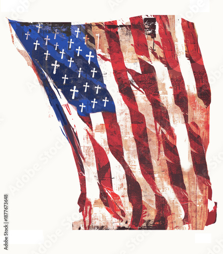 Distressed American flag with Christian crosses instead of stars, patriotic religious concept