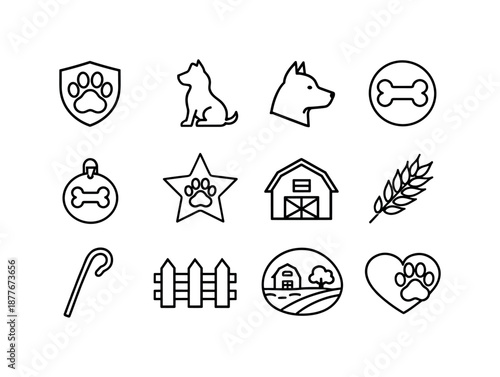 Farm Dog Icons. Farm dog. Line icon set of farm dog symbols: paw badge, dog silhouette, dog head profile, bone emblem, collar tag, farm star icon, barn