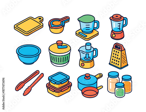 Colorful Meal Prep Icons. Meal prep tools. Colorful isometric vector icons set of meal prep tools: chopping board, measuring cups, digital scale, blender,