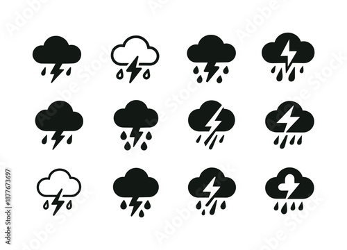 Rain Formation Icons. Rain formation. Icon set. Set Logo of rain formation: thundercloud. harmonious logo variations of the same emblematic concept, each with