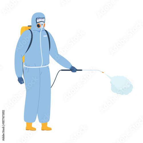 A male worker in a protective suit disinfects surfaces using a sprayer to ensure sanitary safety.