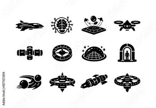 Future Space Icons. Future space travel. Solid icon set of Future space travel: advanced starship, AI navigation core, holographic map, autonomous drone,