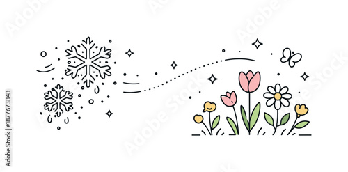 Spring's Quiet Renewal. Winter turning into spring. Snowflakes gently dissolving while small flowers start to bloom. The scene feels hopeful, light, and full