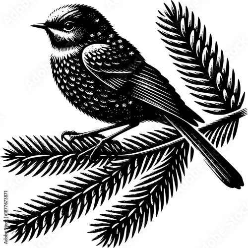 Ink Sketch of a Songbird: An intricate illustration portrays a delicate songbird perched upon a verdant branch, showcasing the elegance of nature's artistry in a monochromatic palette.
