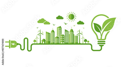 An illustrated concept of sustainable energy for a green city, highlighting environmental conservation with a creative design. The image showcases buildings and eco-friendly elements.