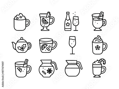 Festive Beverage Icons. Holiday feasts. Line icon set of festive beverages: hot cocoa mug, mulled wine cup, sparkling cider bottle, eggnog glass, herbal tea