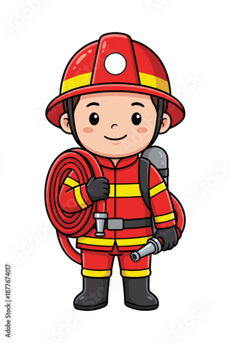 A cartoon of a smiling firefighter in full gear, holding a hose