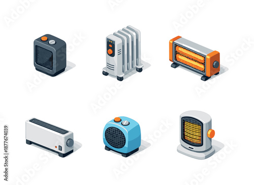 Isometric Space Heater Icons. Space Heaters. Isometric flat vector icons set of Space Heaters: mini ceramic heater, oil radiator unit, quartz infrared heater,