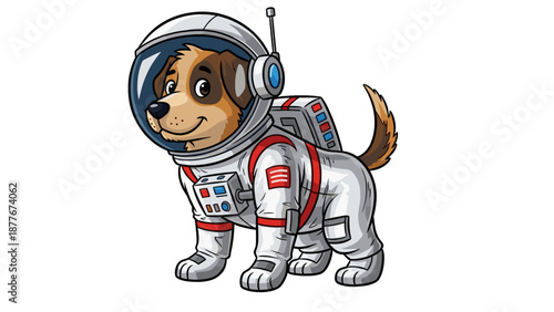 An adorable dog astronaut with a friendly expression, ready for space exploration. He is wearing a space helmet and suit