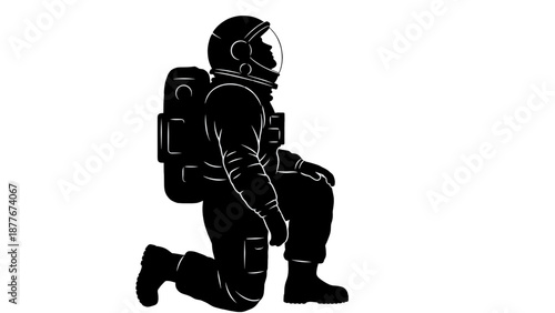 An astronaut kneeling in a silhouette pose, representing space exploration and human ambition. The astronaut is wearing a spacesuit with a helmet and a backpack