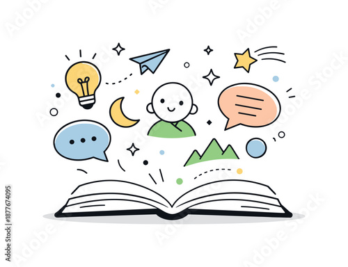Imagination Unleashed. Open book with floating elements. A minimal book with abstract shapes, stars and speech bubbles emerging from the pages, expressing