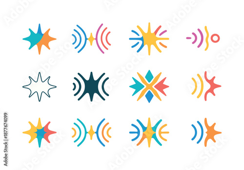 Abstract Sound Logos. Abstract shapes and colors representing sound. Icon set. Set Logo of abstract shapes and colors representing sound: sonic burst star.