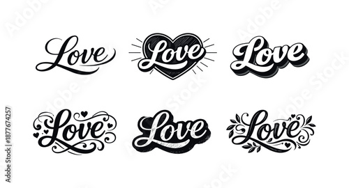 Love Script Variations. Classic love script logo. Set lettering. harmonious lettering variations of the same emblematic concept, each with different artistic