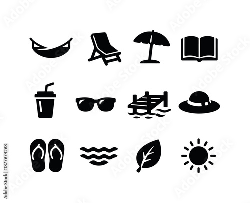 Lakeside Relaxation Icons. Lakeside relaxation. Solid icon set of lakeside relaxation: hammock, chair, umbrella, book, drink cup, sunglasses, dock, hat,