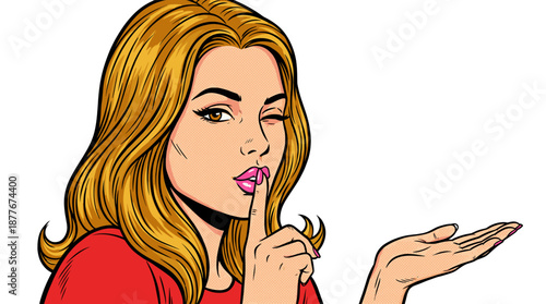 An expressive illustration capturing a woman winking, and gesturing shh to encourage secrecy. She has her index finger pressed against her lips while gesturing with one hand