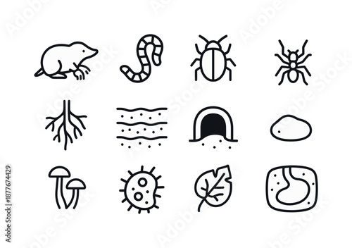 Underground Wildlife Icons. Underground wildlife. Line icon set of Underground wildlife: mole, earthworm, beetle, ant, root network, soil layers, burrow
