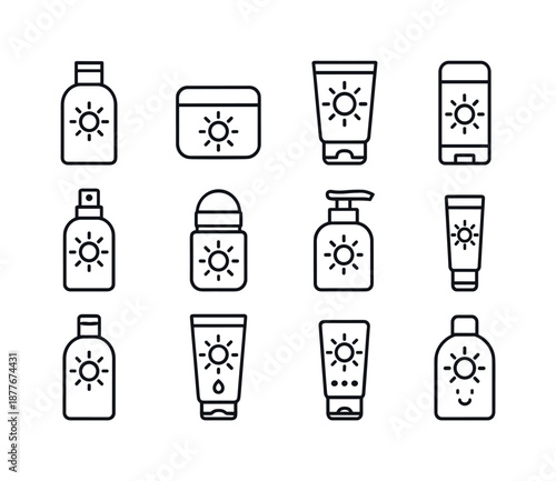 Sunscreen Icons Set. Applying sunscreen. Line icon set of sunscreen product types: lotion bottle, cream jar, gel tube, stick applicator, spray bottle, roll-on