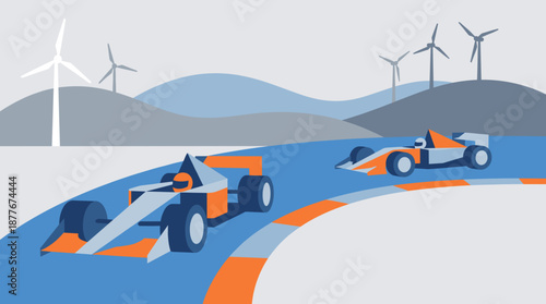 Racing cars are speeding around the track in a competition. The scene features multiple windmills, and rolling hills with a blue background. 