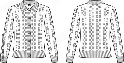 Cable knit cardigan illustration, front and back view, button up sweater design, long sleeve knitwear, fashion technical flat vector