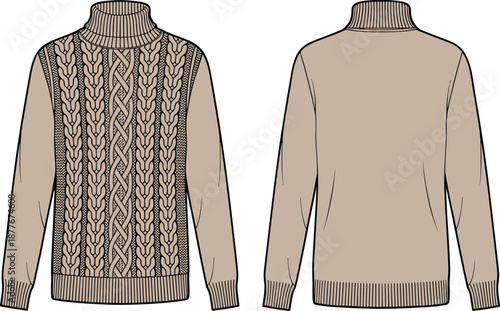 Cable knit sweater illustration, front and back view apparel design, long sleeve turtleneck pullover, winter fashion, flat vector template