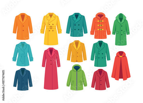 Colorful Outerwear Icons. Classic outerwear. Colorful flat vector icons set of Classic outerwear: wool overcoat, trench coat, pea coat, duffle coat, belted