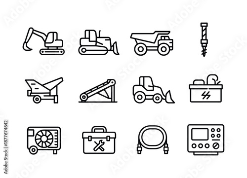 Mining Equipment Icons. Mining equipment. Line icon set of Mining equipment: excavator, bulldozer, haul truck, drill rig, crusher unit, conveyor belt, loader,