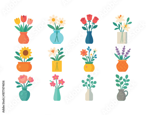 Colorful Vase Icons. Tabletop flower vase. Colorful flat vector icons set of tabletop flower vase: ceramic vase with tulips, glass vase with daisies, round pot