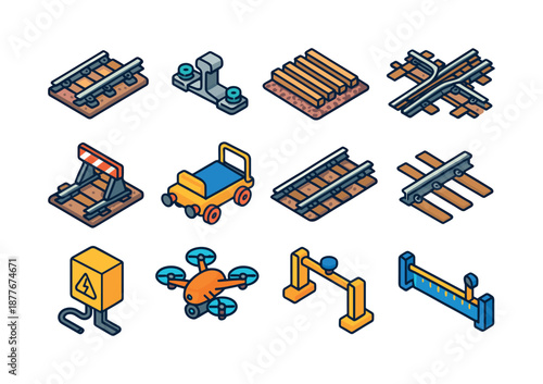 Isometric Rail Icons. Rail infrastructure. Colorful isometric vector icons set of rail infrastructure: rails segment, rail fasteners, sleepers, ballast bed,