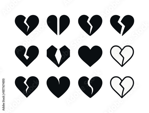 Abstract Heart Icons. Open Heart. Icon set. Set Logo of Open Heart: Heart cracked and open: Negative space, Flat solid, Abstract geometric, Filled silhouette,