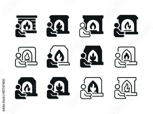 Fireplace Icon Harmony. People enjoying a warm fire in the fireplace. Icon set. Set Logo of people enjoying a warm fire in the fireplace: fireplace glow and