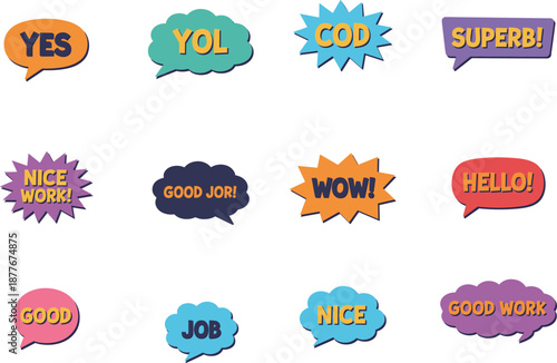 Colorful comic speech bubble set, positive words and phrases, yes wow good job messages, pop art sticker vector illustration