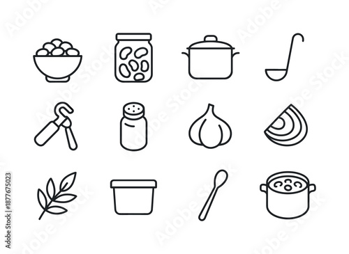Bean Essentials Icons. Complete Bean Essentials. Line icon set of Complete Bean Essentials: bean bowl, bean jar, cooking pot, ladle, can opener, spice jar,