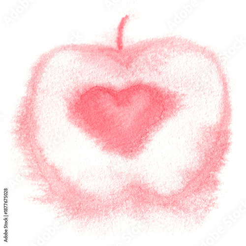 
Minimalist watercolor illustration of a soft pink apple with a heart-shaped core and blurred, ethereal edges on white paper