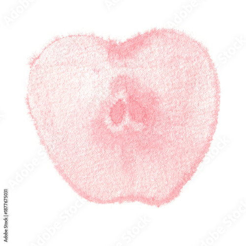 Minimalist watercolor illustration of a soft pink apple with a subtle core and blurred, ethereal edges on white paper