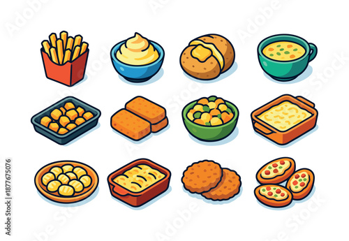 Potato Dish Icons. Potato dishes. Colorful isometric vector icons set of potato dishes: fries box, mashed potatoes, baked potato, potato soup bowl, roasted