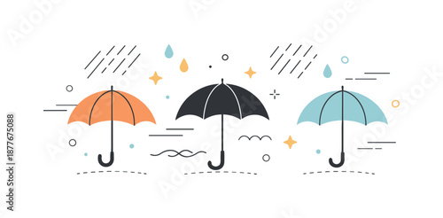Minimalist Umbrella Design. Decorative umbrella and rain patterns. Minimal umbrellas combined with abstract rain elements and motion lines, creating a soft,