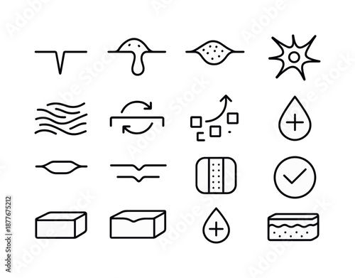 Skin Healing Icons. Skin healing. Line icon set of Skin healing: wound outline, clot formation symbol, scab icon, fibroblast cell, collagen strand, repair