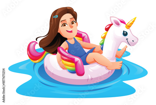 Happy girl in swimsuit relaxing on colorful unicorn inflatable float in water. Vector cartoon illustration