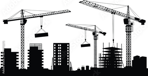 Construction site silhouette with tower cranes lifting materials, urban city skyline development, building infrastructure, industrial engineering, architecture growth, black white illustration