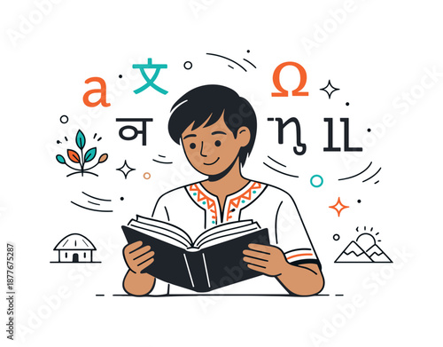 Cultural Language Journey. Cultural identity and language. A person reading a book with symbolic letters and characters floating gently around. The scene